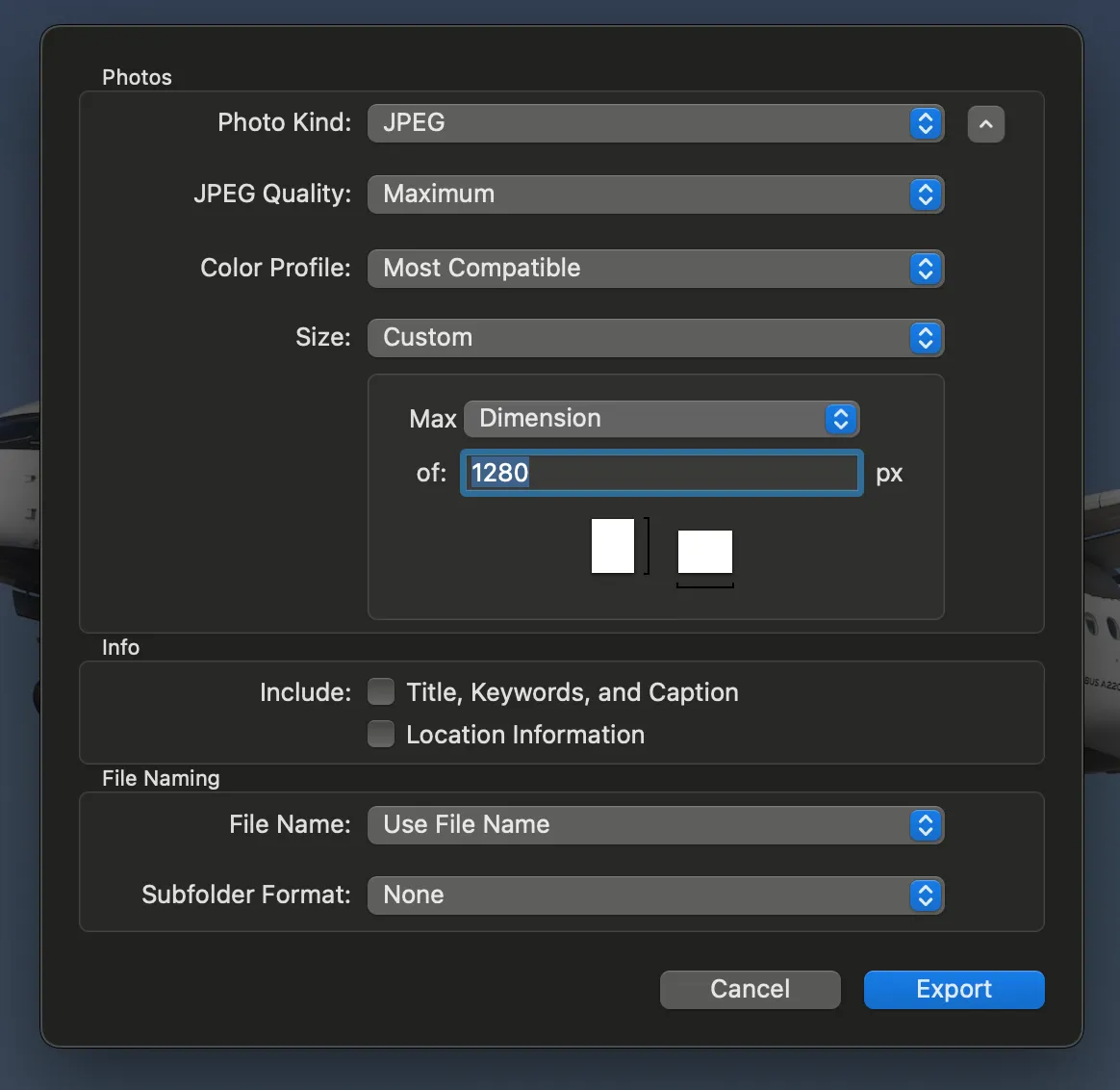 Apple Photos Export Settings